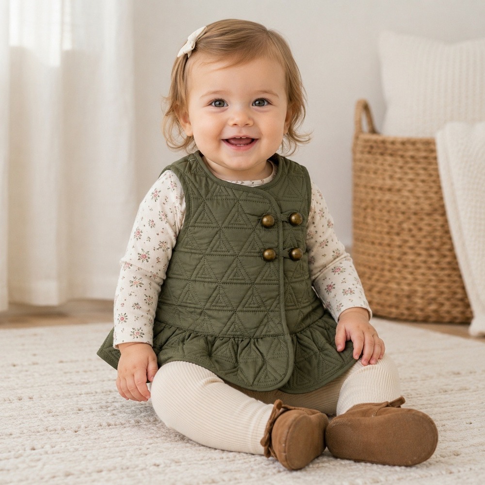 Aspen Kids Girls 12M Olive Green Quilted Ruffle Hem Vest Brass Buttons